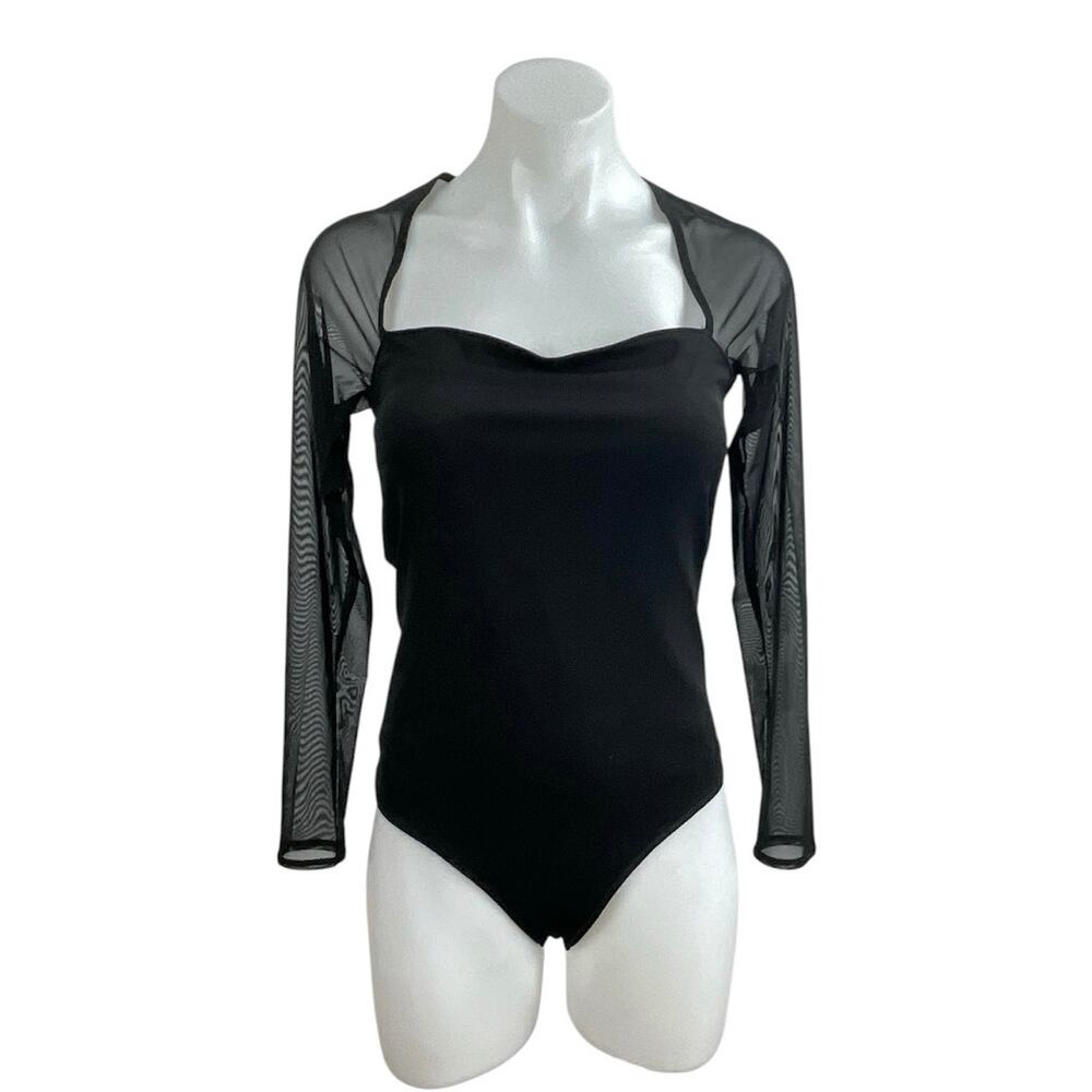 Abercrombie & Fitch Black Sweetheart Neck Mesh Sheer Long Sleeve Bodysuit Top M